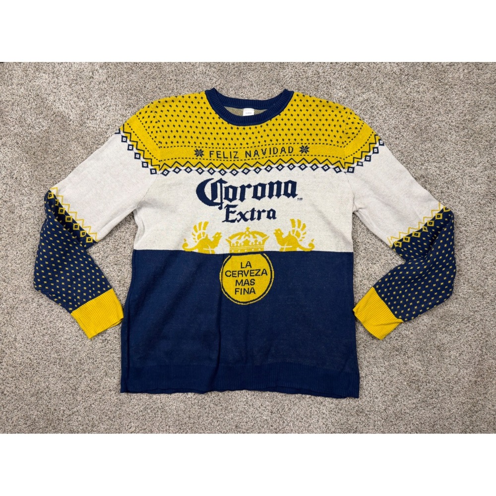 Corona Extra Feliz Navidad Ugly Christmas Sweater Mens XL Blue Yellow Cotton